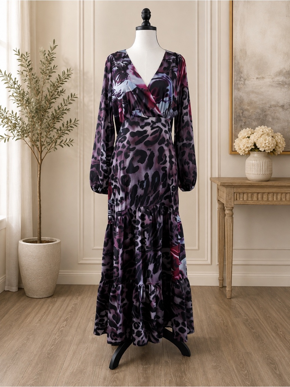 Floral Animal Print Long Sleeve V Neck Cut Out Maxi Dress - Picture 7 of 8